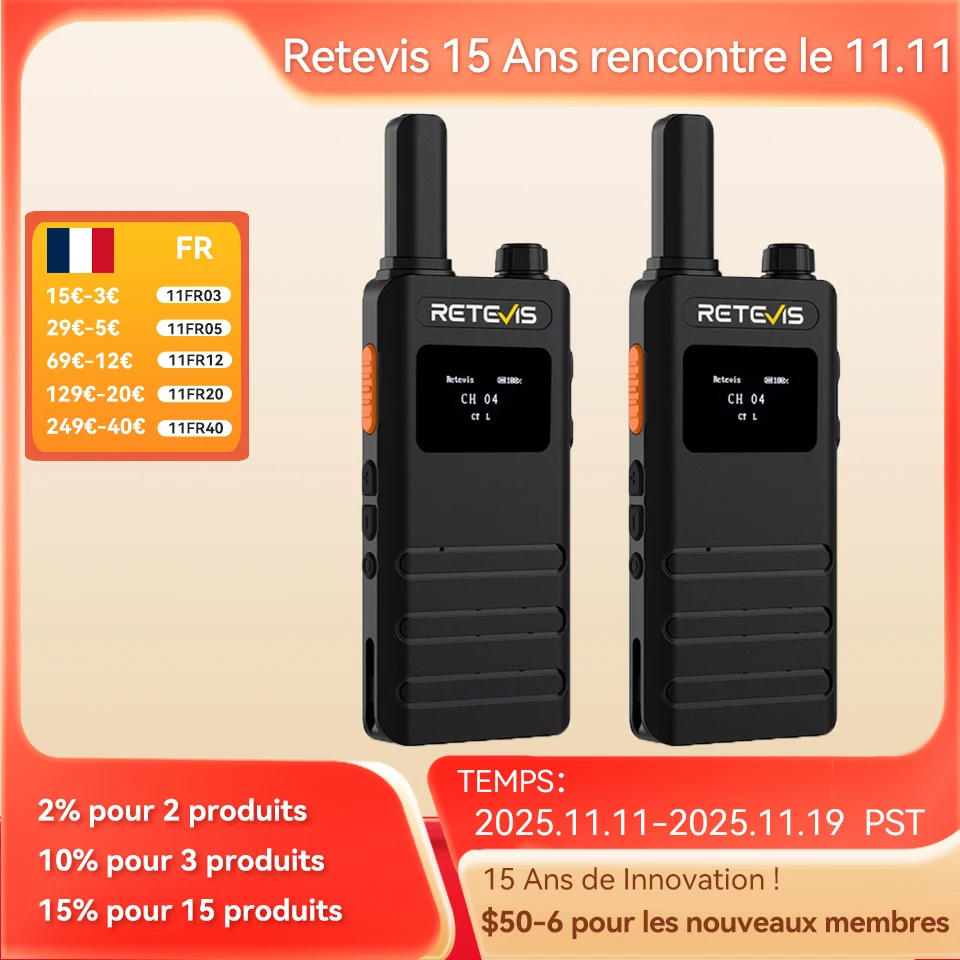 Retevis B63S (3e génération RT622) talkie-walkie 2 pièces avec écran LCD talkie-walkie Ultra-fin sans licence Type C pour Camping randonnée