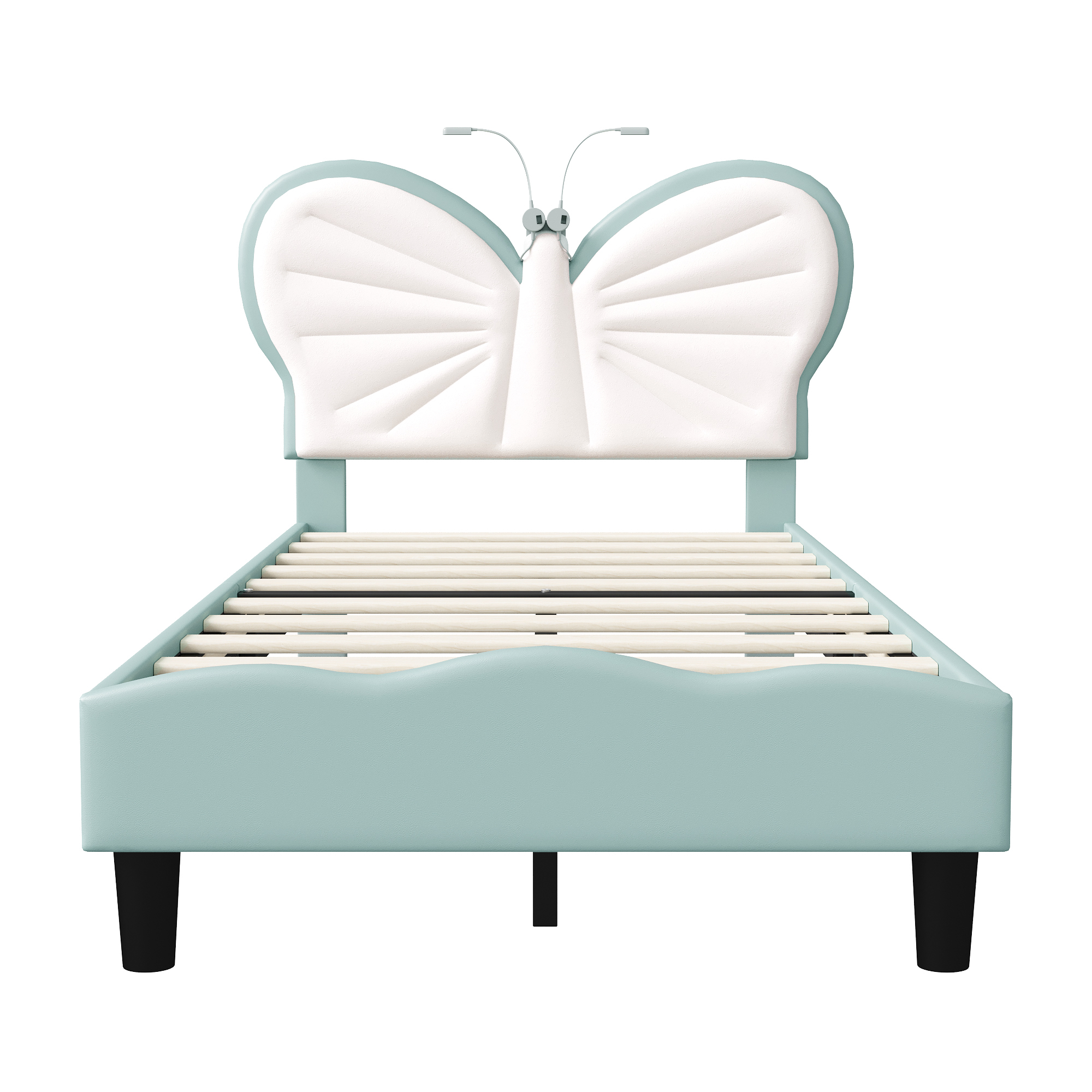 Lazyspace vlindervormige hoofdeinde kinderbedden met LED-leeslampen, 90x200cm in hoogte verstelbaar PU-lederen bedframe