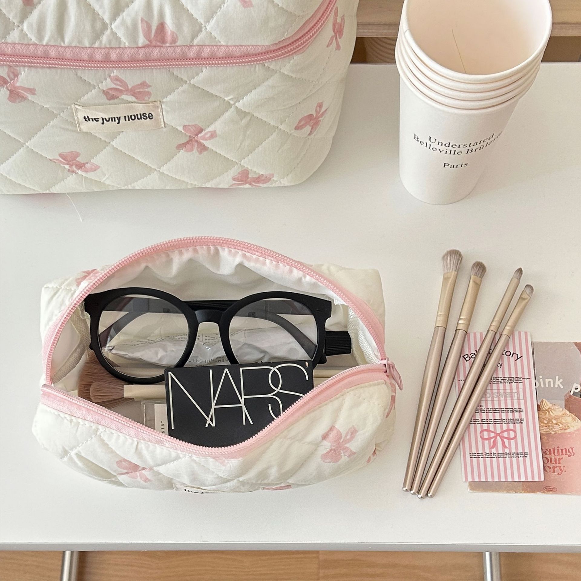 Bonito arco flor acolchoado algodão saco de maquiagem feminino zíper organizador cosmético feminino pano bolsa portátil caso de higiene pessoal para meninas