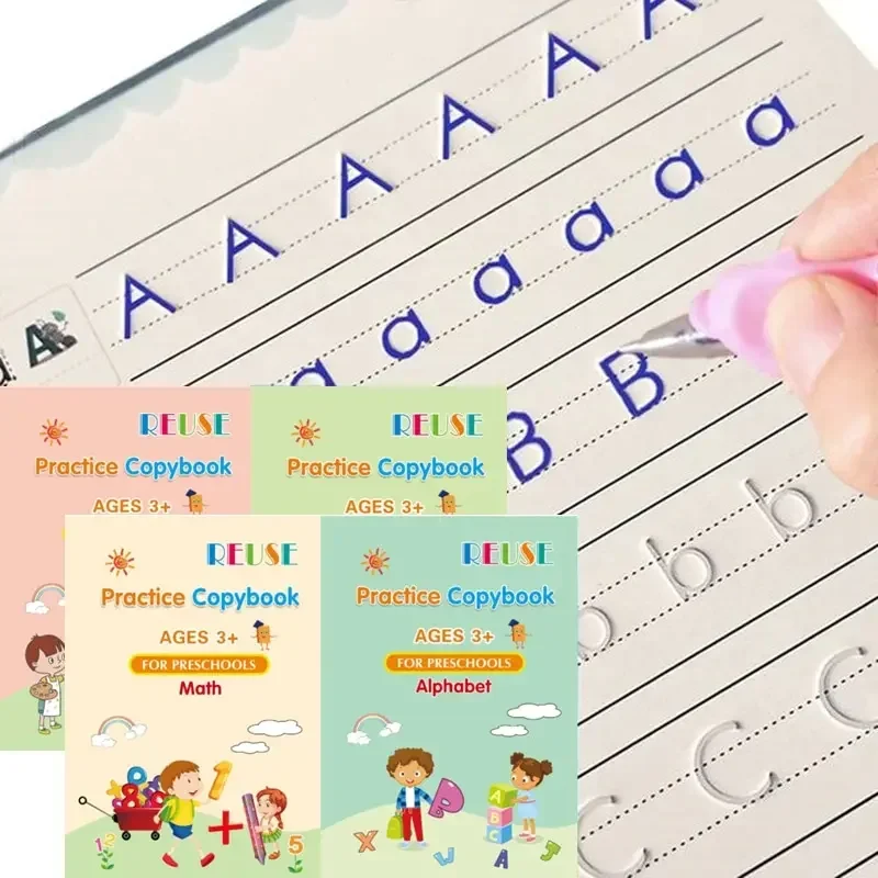 4 Books Reusable Copybook for Children Montessori Pen Control Training Writing Drawing Learning Educational Kids, Random Style