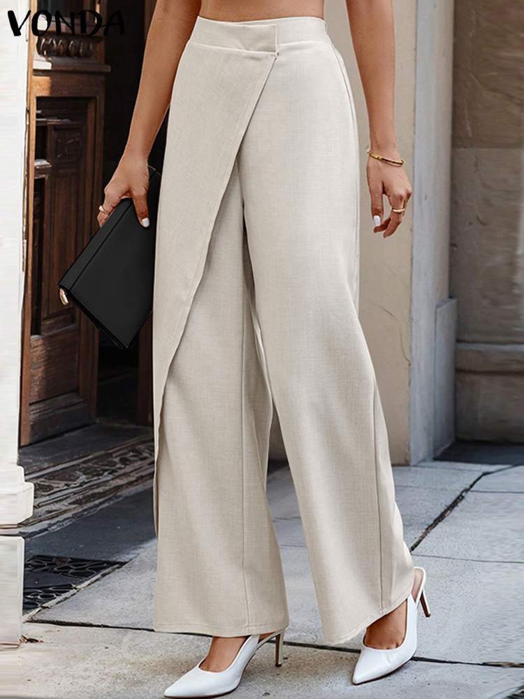 Plus Größe VONDA Frauen Breite Bein Hosen Plissee Hosen 2024 Europäischen Mode Elegante Einfarbig Böden Casual Hosen Oversize
