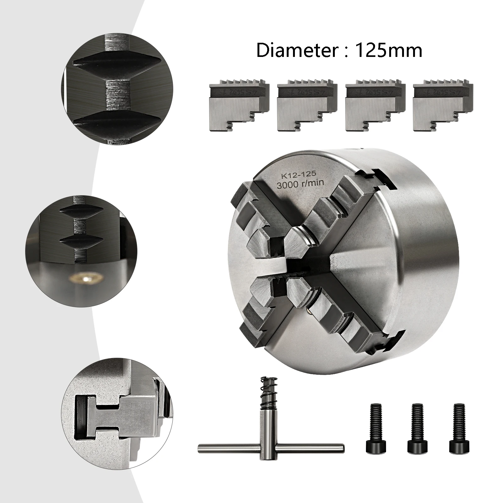 Portabrocas de torno autocentrante de 4 mordazas de precisión de 80/100/125 mm: amplio rango de sujeción de hierro y acero, centrado automático para máquinas herramientas