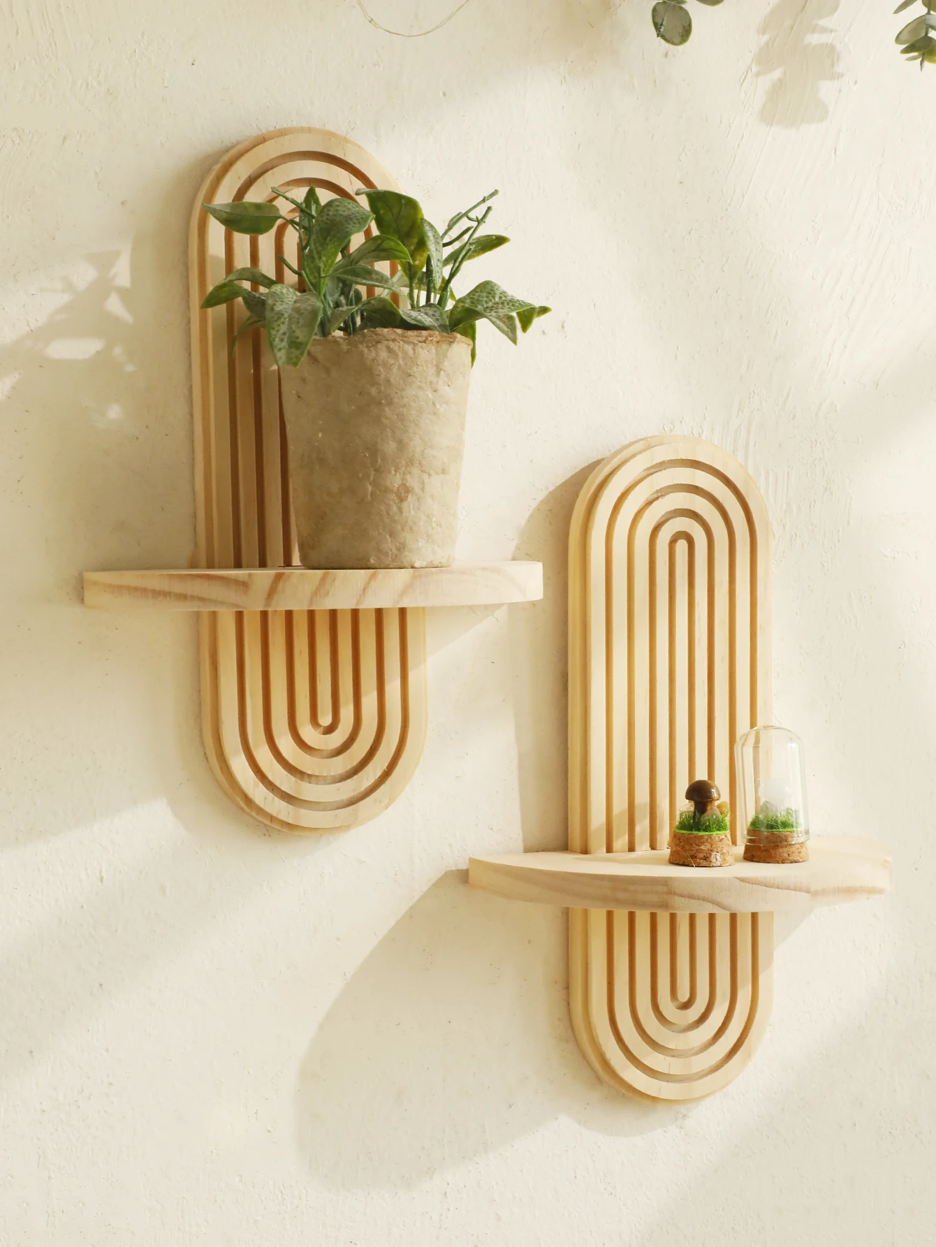 Estantes de pared de madera estilo bohemio, estantes geométricos montados en la pared, acabado de madera Natural, decoración moderna para el hogar, planta decorativa, 1 ud.