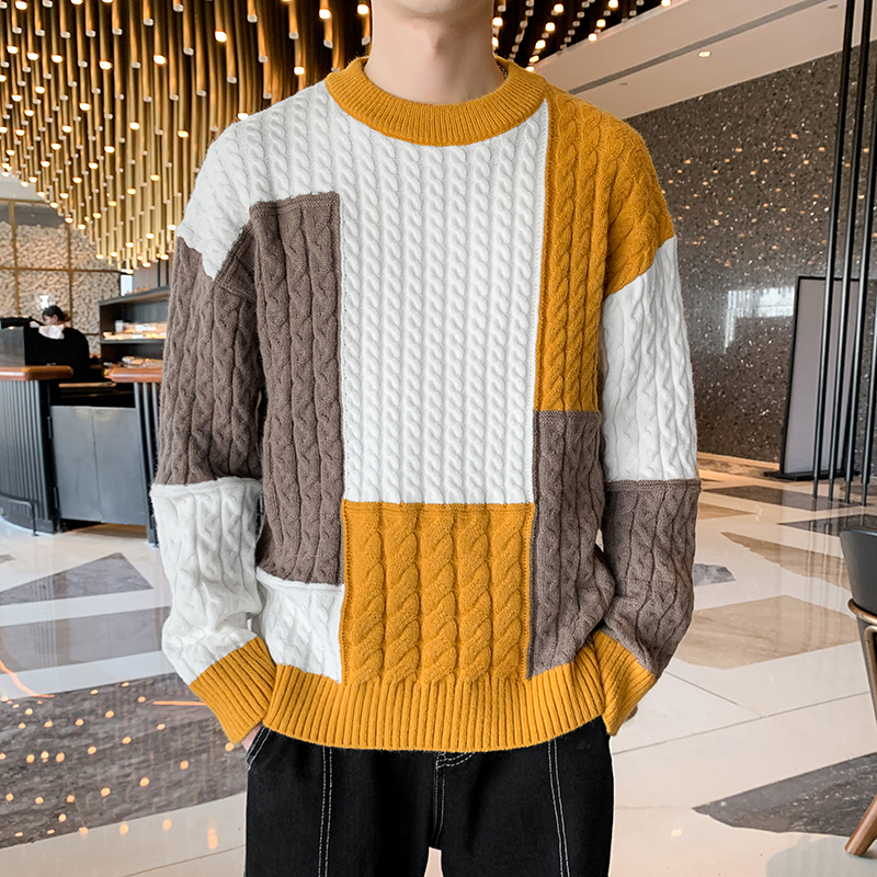 Nueva moda Primavera Invierno, suéter suelto de retales, ropa de calle para hombres, suéteres casuales de alta calidad para hombres, jerséis de punto cálidos para hombres