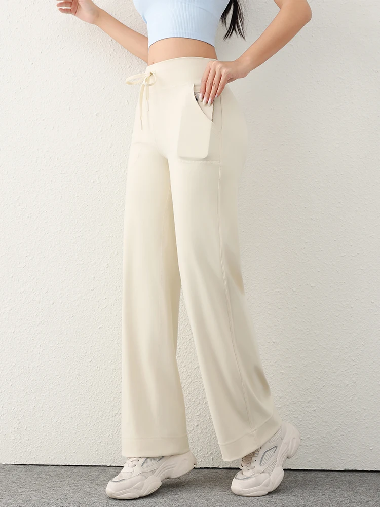 Feminino casual solto em linha reta correndo sweatpants calças de perna larga design com cordão com bolsos laterais leggings mulher calças de yoga