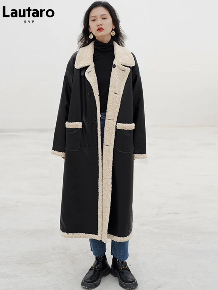 Lautaro Winter lange warme dicke reversible Faux Schaffell Mantel Frauen Taschen Zweireiher Luxus Designer europäische Mode