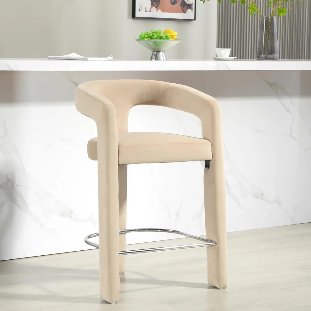 Counter Height Bar Stools Set of 1 - Velvet Upholstered Bar Chairs with Metal Footrest and Open Back