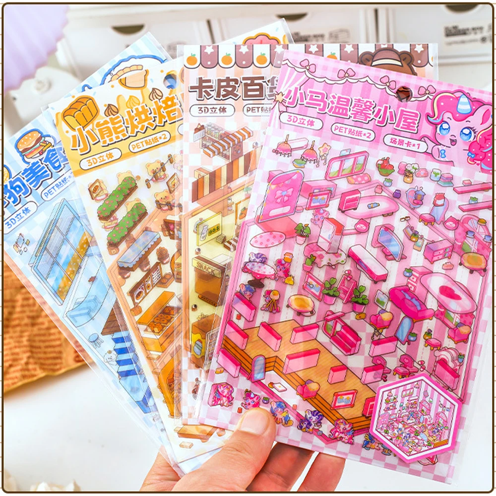 ใหม่! การ์ตูน 3D DIY ภูมิทัศน์สติกเกอร์ฉากขนาดเล็กภาพซ้อนสติกเกอร์สามมิติของขวัญคริสต์มาสสําหรับเด็ก