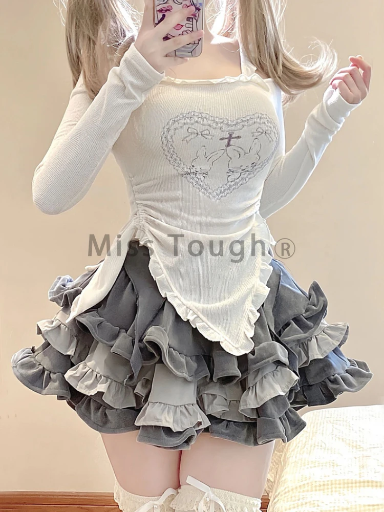 Conjunto de dos piezas Kawaii japonés de otoño para mujer, traje de falda bonito con estampado de conejo dulce, Tops ajustados coreanos + falda de pastel de princesa 2024