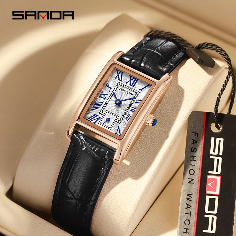 SANDA, nueva moda, diseño elegante, esfera rectangular, cuero resistente al agua, movimiento de cuarzo, regalo de negocios, reloj de pulsera analógico para mujer