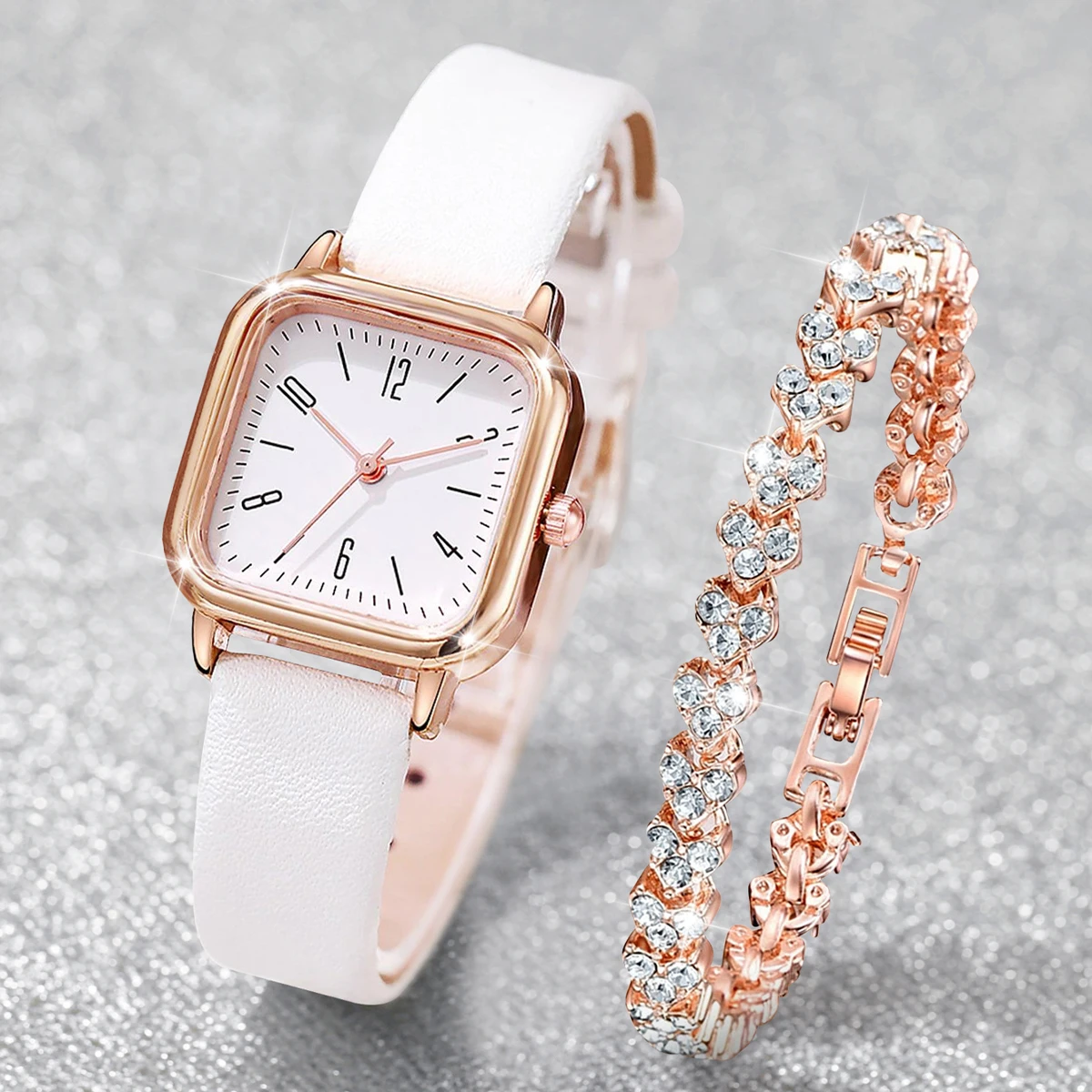 2 ชิ้น/เซ็ตแฟชั่นสแควร์นาฬิกาผู้หญิง Casual สายหนังควอตซ์นาฬิกา Rhinestone สร้อยข้อมือชุด