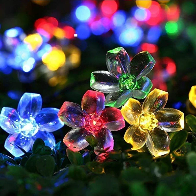 Guirnaldas de luces alimentadas por energía Solar para exteriores, 5M, 20LED, impermeables, 8 modos, funciona con pilas, flor de cerezo, decoración para fiesta de jardín
