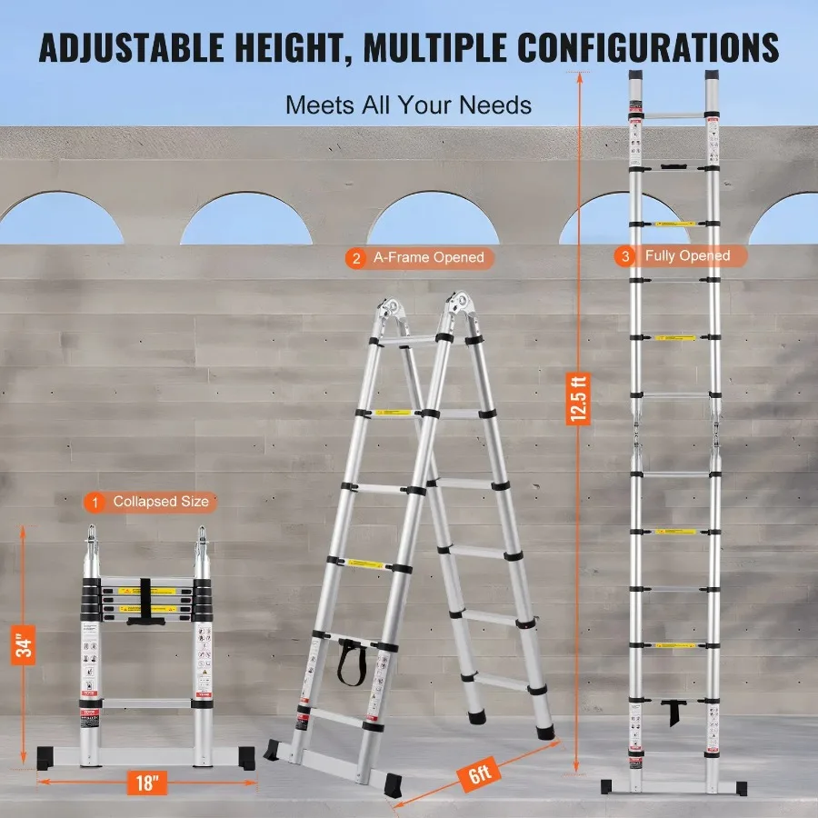 Telescoping Extension Ladder 12.5FT A-Shape w Stabilizer Bar for RV