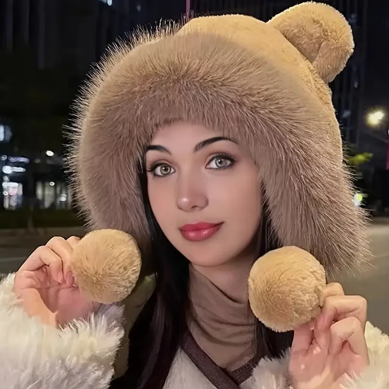 Gorro de oso de peluche para invierno, gorro con protección para los oídos de lana cálida, bonito gorro de ciclismo para mujeres y niñas, traje para Festival de Navidad y Halloween