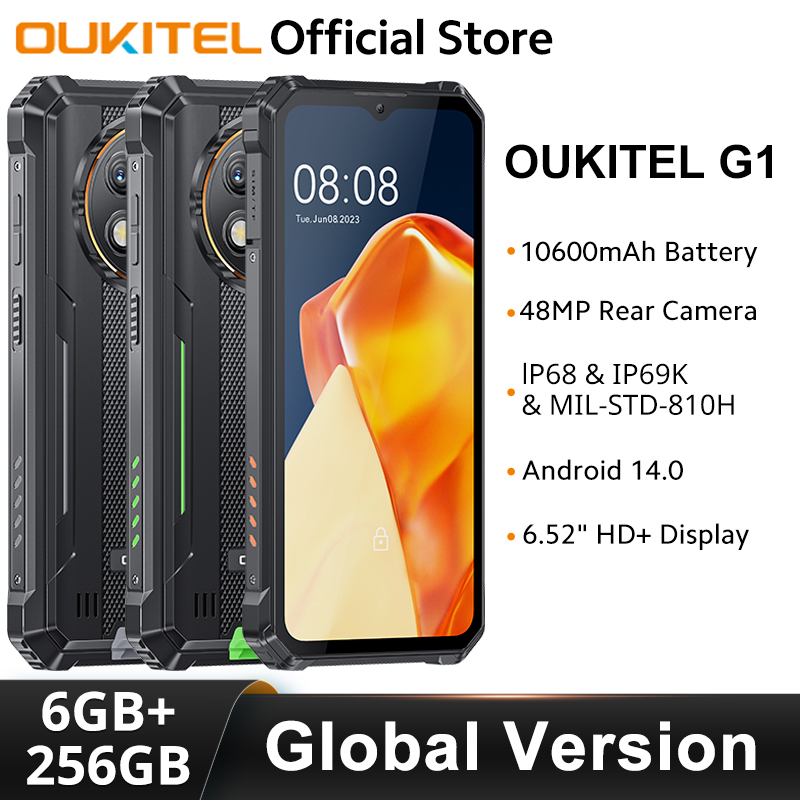 Oukitel G1 Smartphone resistente versión Global 6,52 ''HD + 10600mAh 6GB + 256GB Android14 48MP cámara teléfono móvil NFC