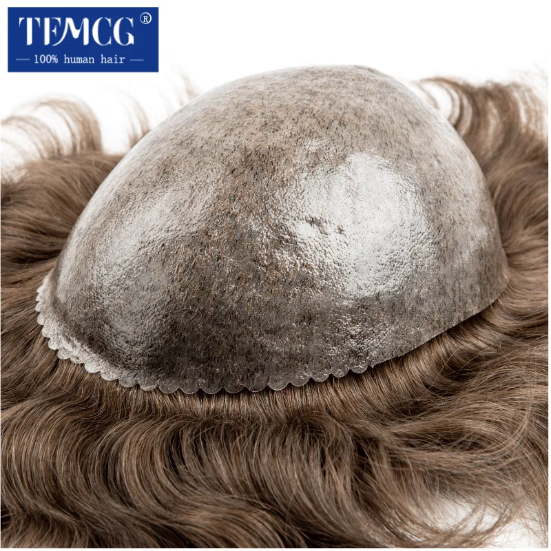 Toupee สําหรับชาย 100% ผมมนุษย์อินเดียวิกผมผู้ชายผู้ชาย Capillary Prothesis ผมชายวิกผมสบาย 0.1-0.12 มม. ผิววิกผม