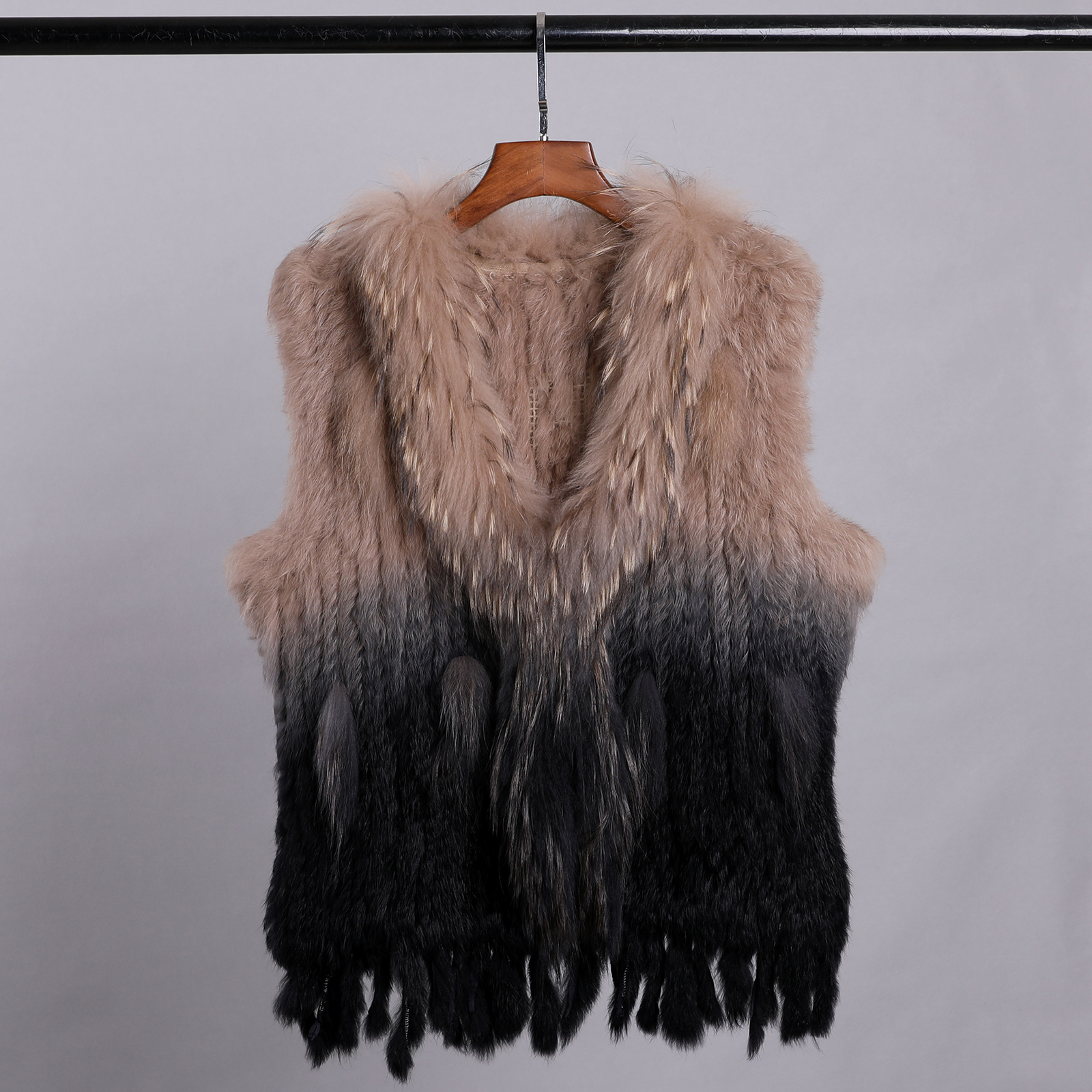 ผู้หญิงหรูหราของแท้พรีเมี่ยมผมยาวกระต่ายขนสัตว์ถักเสื้อกั๊ก Raccoon FUR Trim GILET Lady เสื้อกั๊กขนสัตว์จริงแจ็คเก็ต