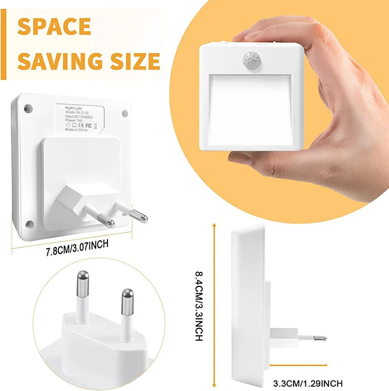 Bewegingssensor Nachtverlichting met US EU UK AU-stekker Dimbare LED Warm wit Omgevingslicht 2-in-1 Slaapkamer Woonkamer Toilet Trap