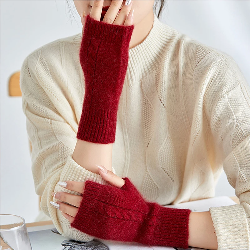 100% Mink Cashmere ถัก Fingerless ถุงมือผู้หญิงฤดูหนาว Warm Soft Half Mitten Lady เกาหลีแฟชั่นสายรัดข้อมือ Cashmere