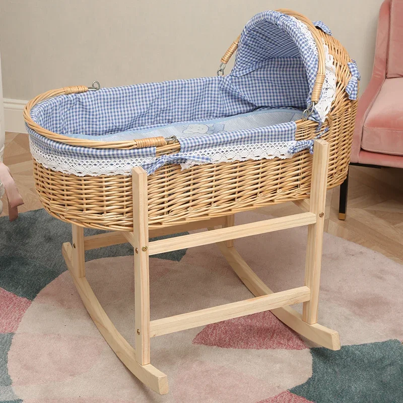 Rattan Cradle Wooden Newborn  Crib Bed Mosquito Baby Sleeping Basket Portable Trolley Baby Cot Bed Nursery Baby Bassinet