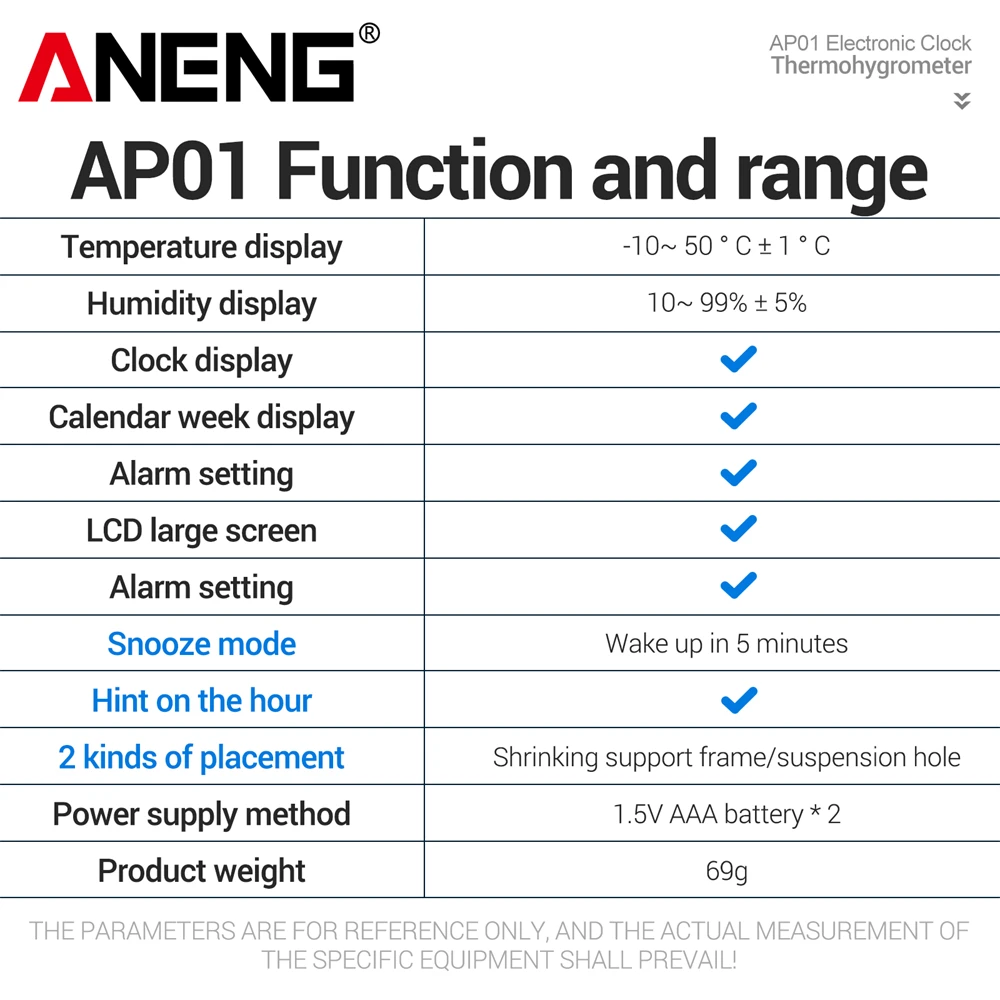 ANENG AP01 Thermohygrometer Electronic Clock Multiscene Measurement High Definition Screen Digital Air Thermometer Hygrometer