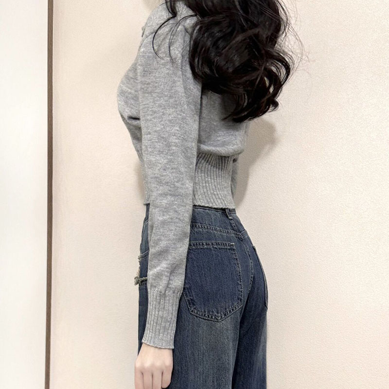 Xpqbb 韓国シックなターンダウンカラーセーター女性グレースリムフィット長袖クロップドセーター女性のためのストリートニットプルオーバー