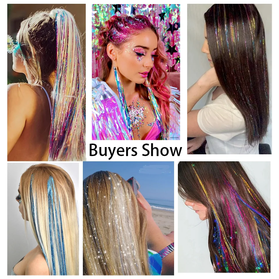 Kit de enfeites de cabelo, extensões de cabelo de fada com ferramenta, 12 cores, resistente ao calor para festa de natal e ano novo, 48 polegadas