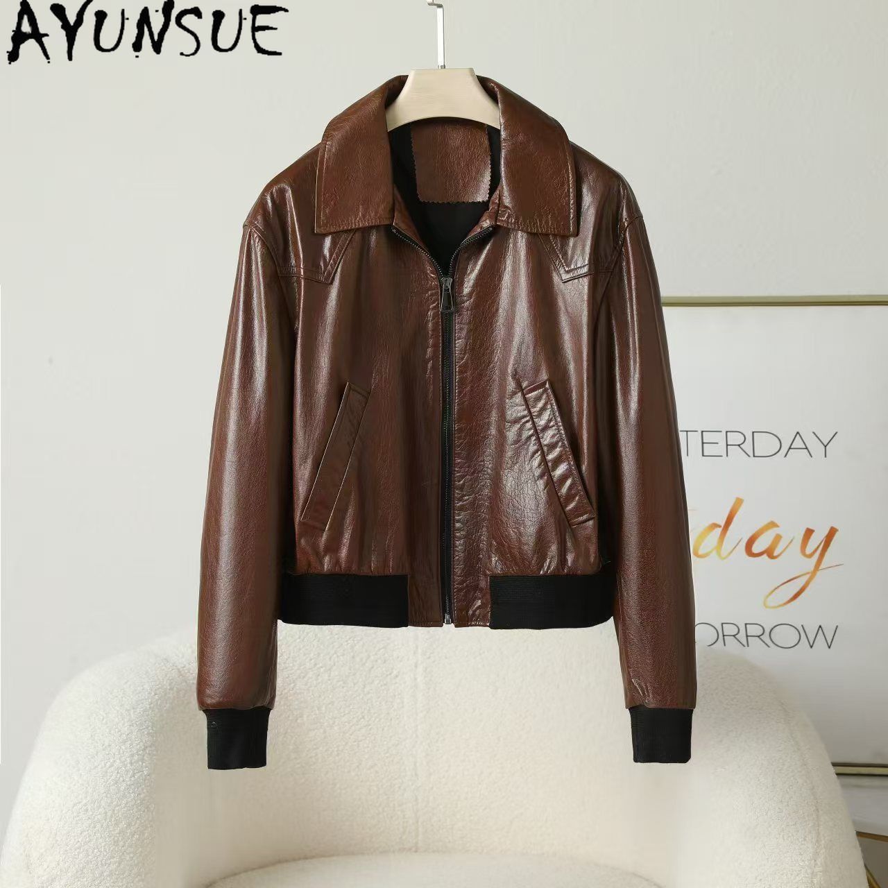 AYUNSUE Skórzana Kurtka Damska 2025 Czarna Skóra Owcza Płaszcze Damskie Kurtki Motocyklowe Wiosenne Jesienne Ubrania Косуха Женская