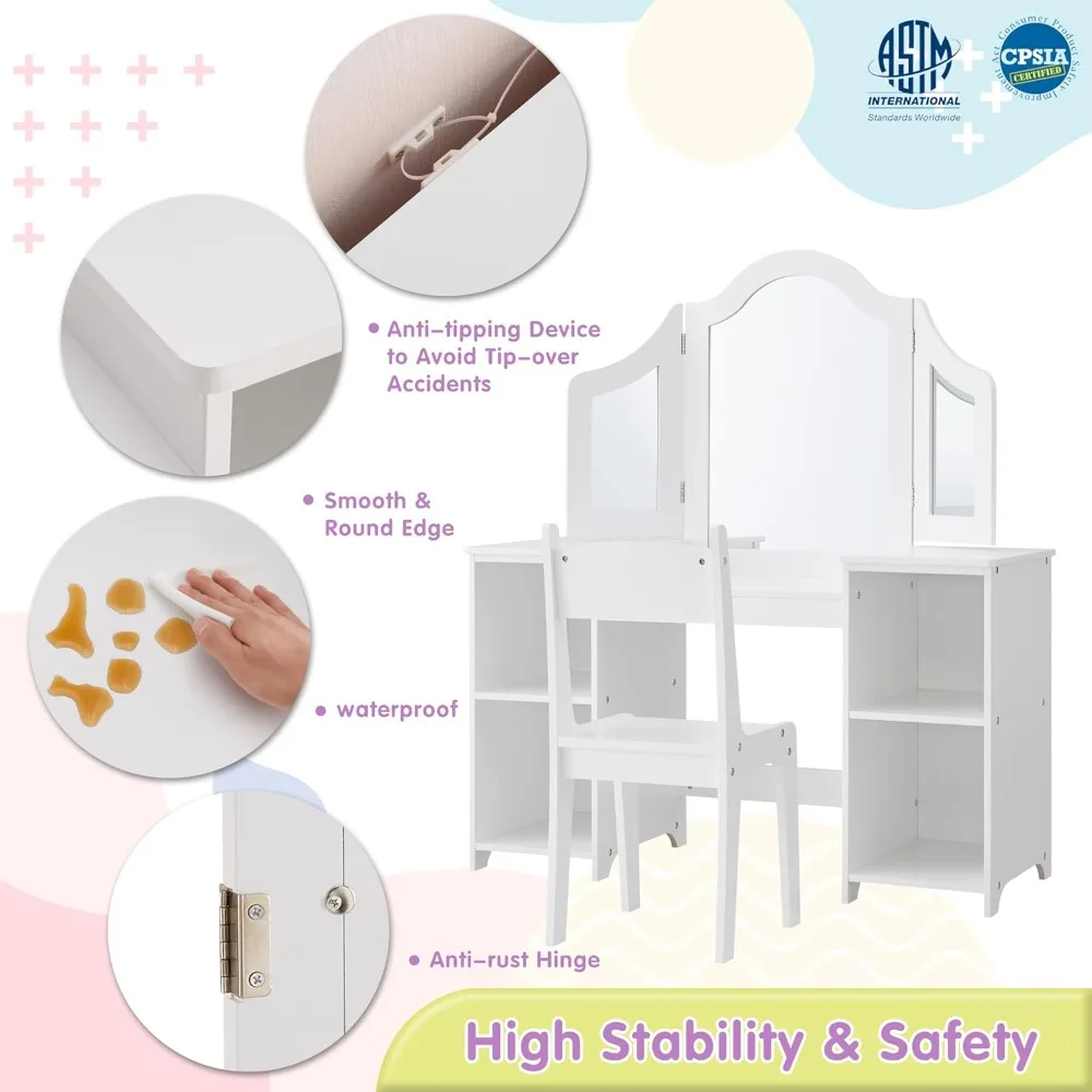 "2-in-1 Kids Vanity Set with Storage Cabinet & Detachable Top – Includes Tri-Fold Mirror for Girls’ Princess Makeup Play"