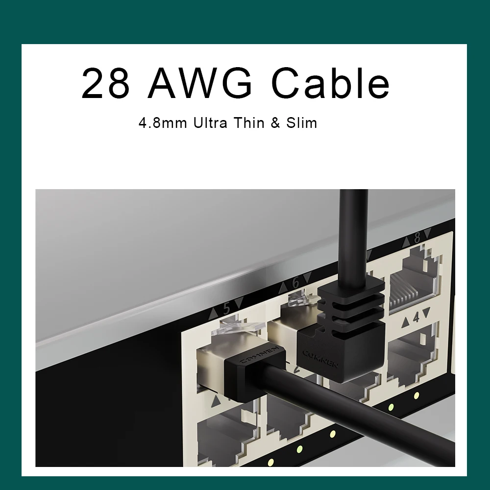 COMNEN Cat6a RJ45 Cable Ethernet de ángulo de 90 grados Cable de conexión delgado Cable Lan FTP UTP RJ 45 para panel de enrutador a interruptor flexible