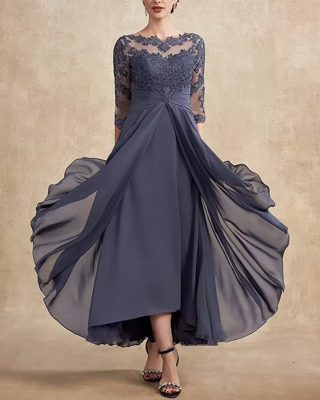 Robes de mère de la mariée à manches trois quarts, grande taille personnalisée, appliques en dentelle, mousseline de soie, robe trapèze éducative