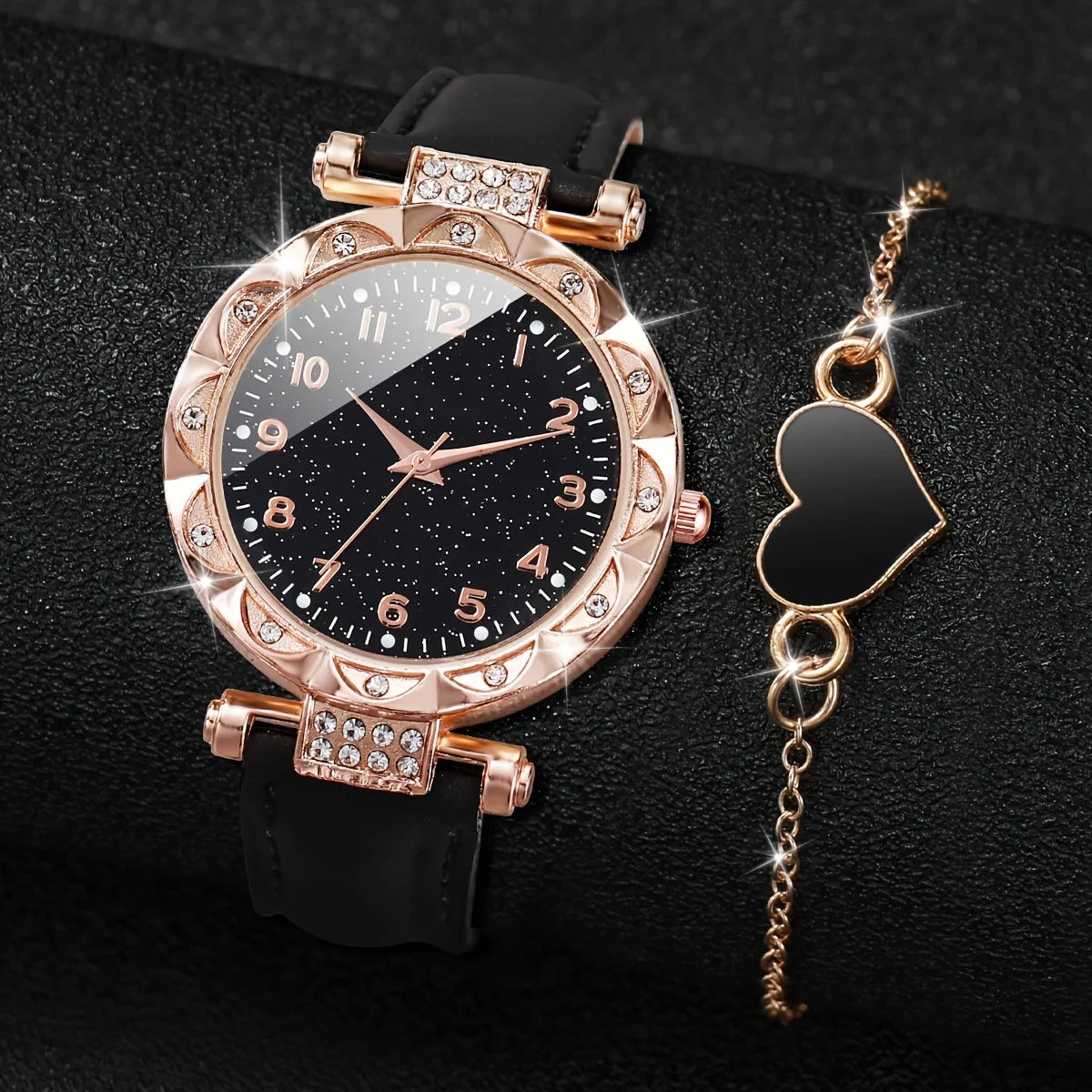 2 ชิ้น/เซ็ตแฟชั่น Rhinestone ผู้หญิงควอตซ์นาฬิกา Analog PU หนัง Band นาฬิกาข้อมือสร้อยข้อมือหัวใจ