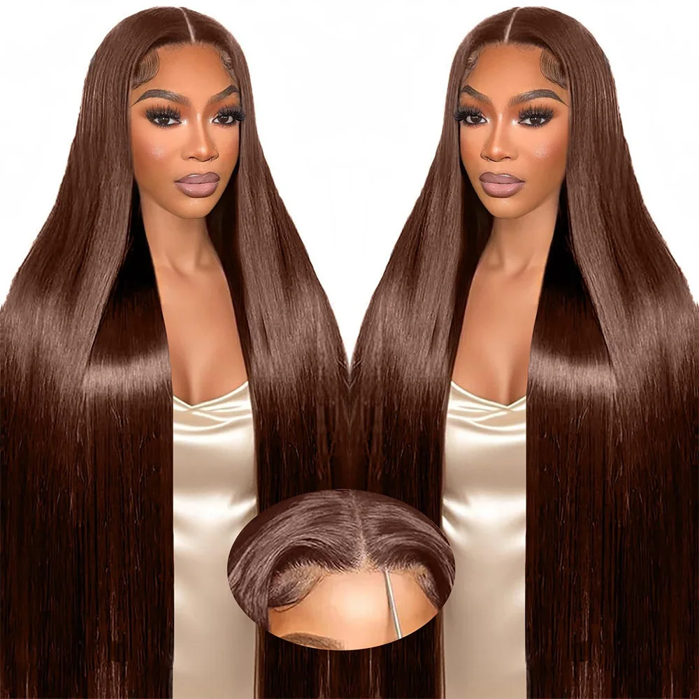 # 4 perucas dianteiras de renda reta marrom chocolate 13x6 peruca frontal de renda transparente 13x4 pré arrancadas perucas de cabelo humano remy brasileiro.