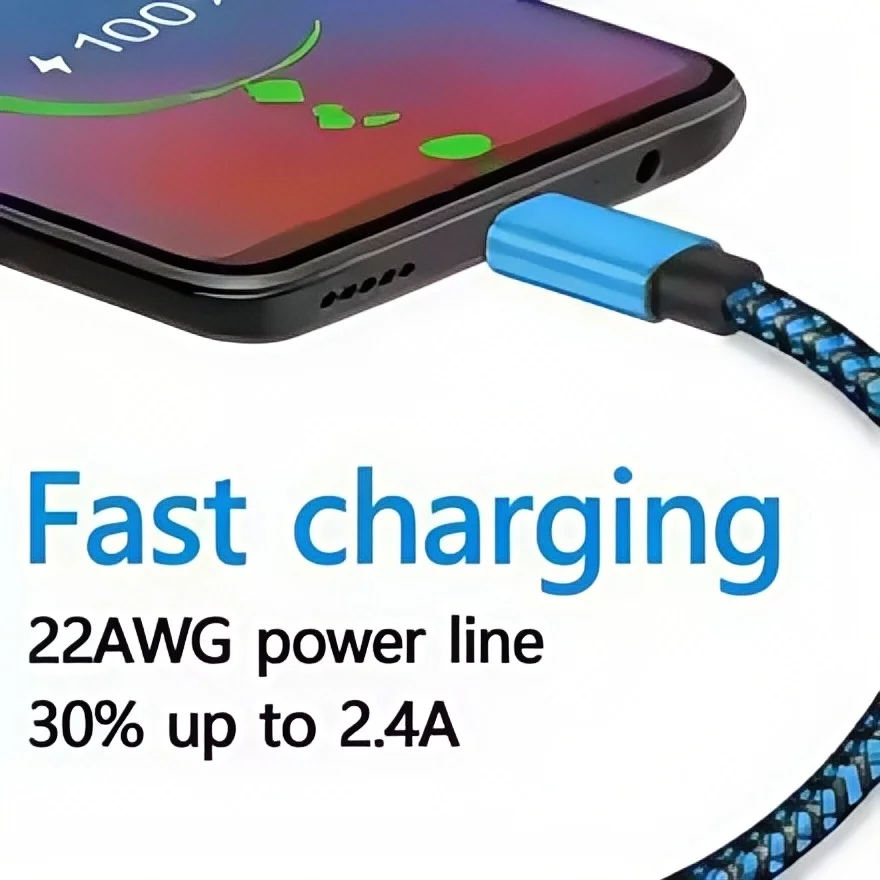 USB Type C Cable 2.4A Fast Charging & Data Sync, Nylon Braided 1M/2M/3M for Samsung Huawei Android Phones