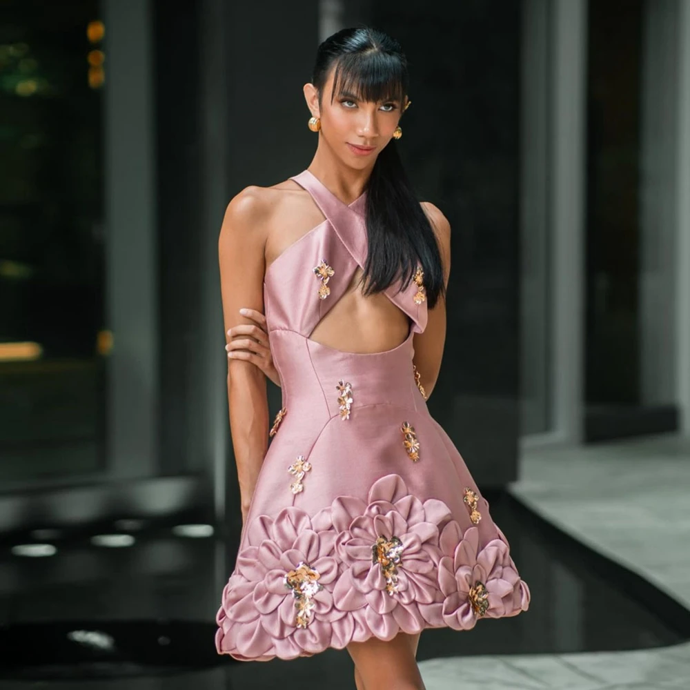Serendipidty halter bebê rosa vestido de cetim babados floral mulher roupas feitas sob encomenda oco para fora vestidos de noite vestido feito sob encomenda