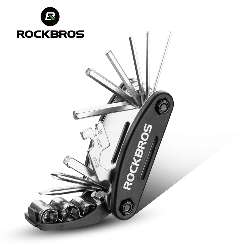 Rockbros Juego de Herramientas Multifuncional para Bicicleta, Conjunto de Útiles, Llaves Hexagonales, Destornillador, Llave Inglesa para Radios, Set Negro, Reparación para Bici de Montaña, 16 en 1