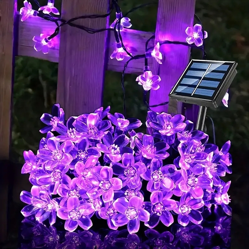Guirnaldas de luces alimentadas por energía Solar para exteriores, 12M, 100Leds, impermeables, 8 modos, funciona con pilas, flor de cerezo, decoración navideña para fiesta de jardín