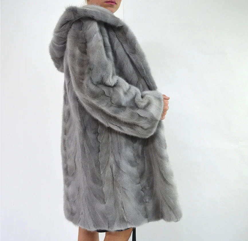 Echter Nerz pelzmantel, warm und modisch im Winter, langer Mantel mit Hut, 100% Nerz, neu, 2024
