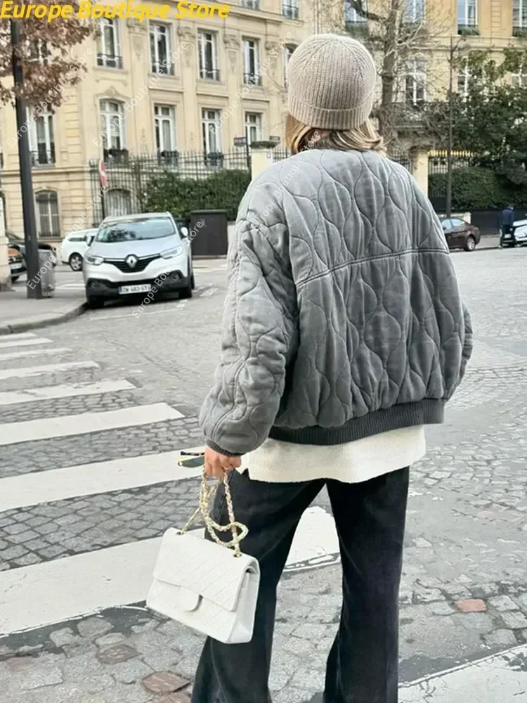 Gesteppte einreihige graue Damen-Baumwolljacke, lässige Tasche, Stehkragen, langärmelige Mäntel, Herbst-Winter-Pendler-Oberbekleidung