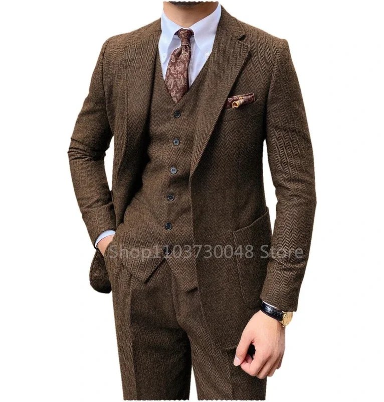 3-częściowy szary/brązowy męski tweedowy garnitur ślubny w jodełkę smokingi na studniówkę z klapami zamkniętymi tweed dla biznesu Slim Fit (marynarka + kamizelka + spodnie)