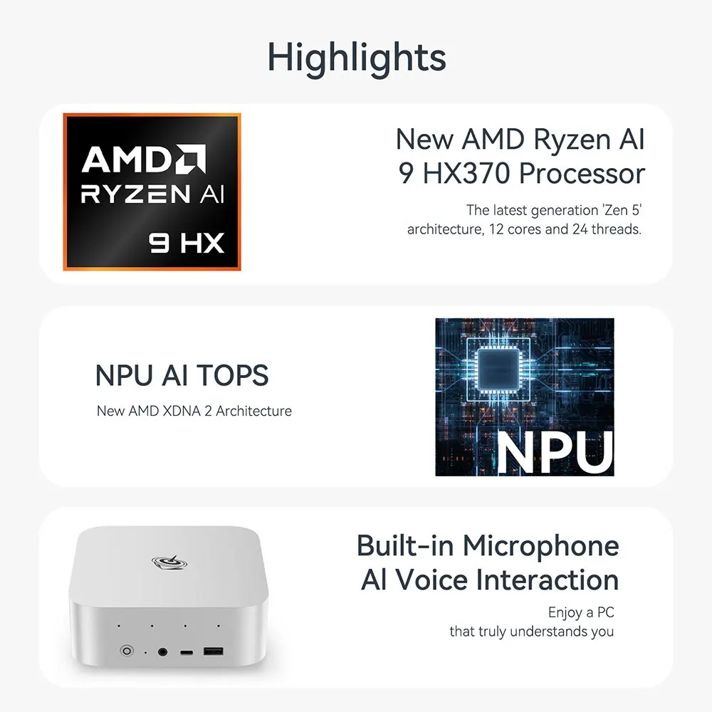 Beelink SER9 Pro AMD Ryzen AI9 HX370 Мощный ПК с искусственным интеллектом 32G DDR5 1T NVME Мини-игровой ПК PCIe4.0 SSD Настольный компьютер VS SER8 8845HS
