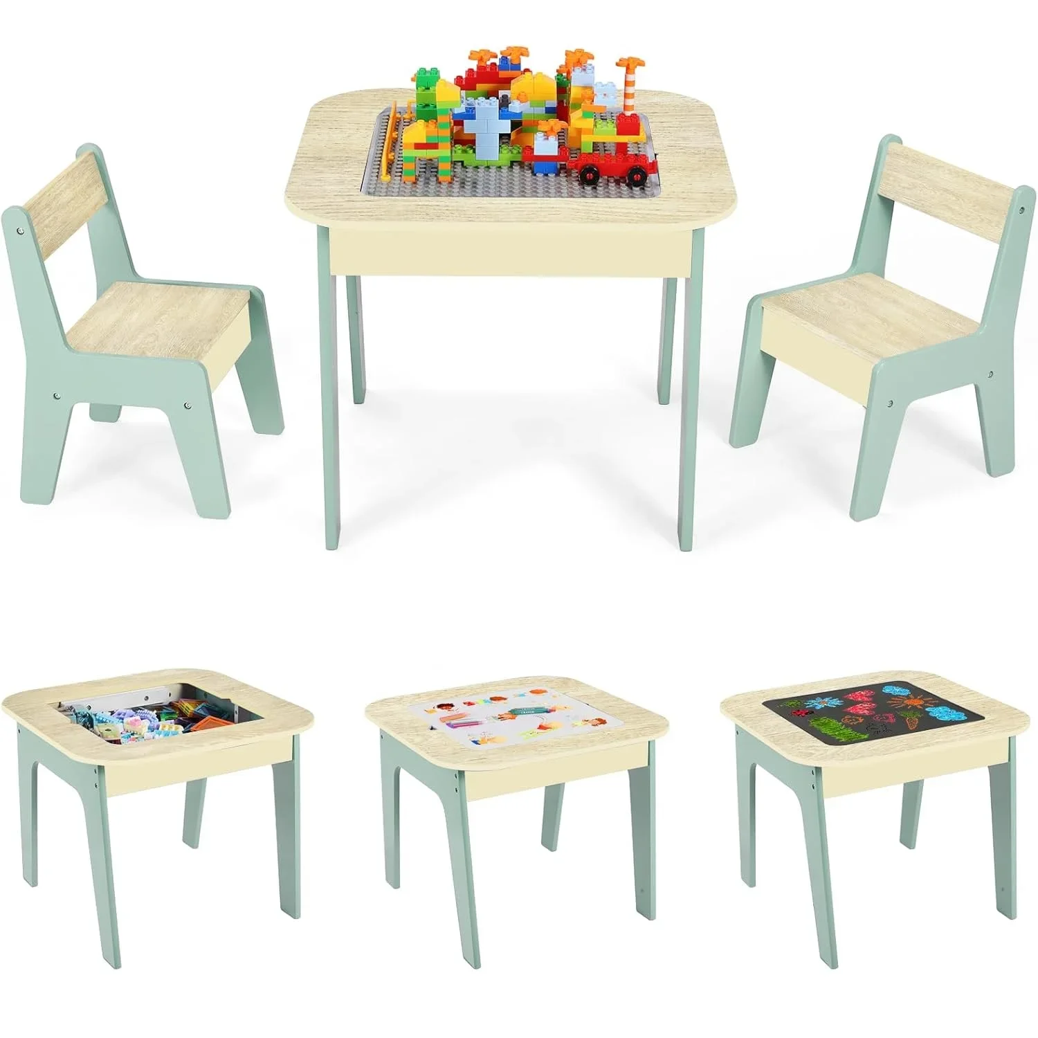 Mesa de atividades infantis e 2 cadeiras com armazenamento, mesa de madeira 2 em 1 bloco de construção para artes, artesanato, leitura, pré-escolar