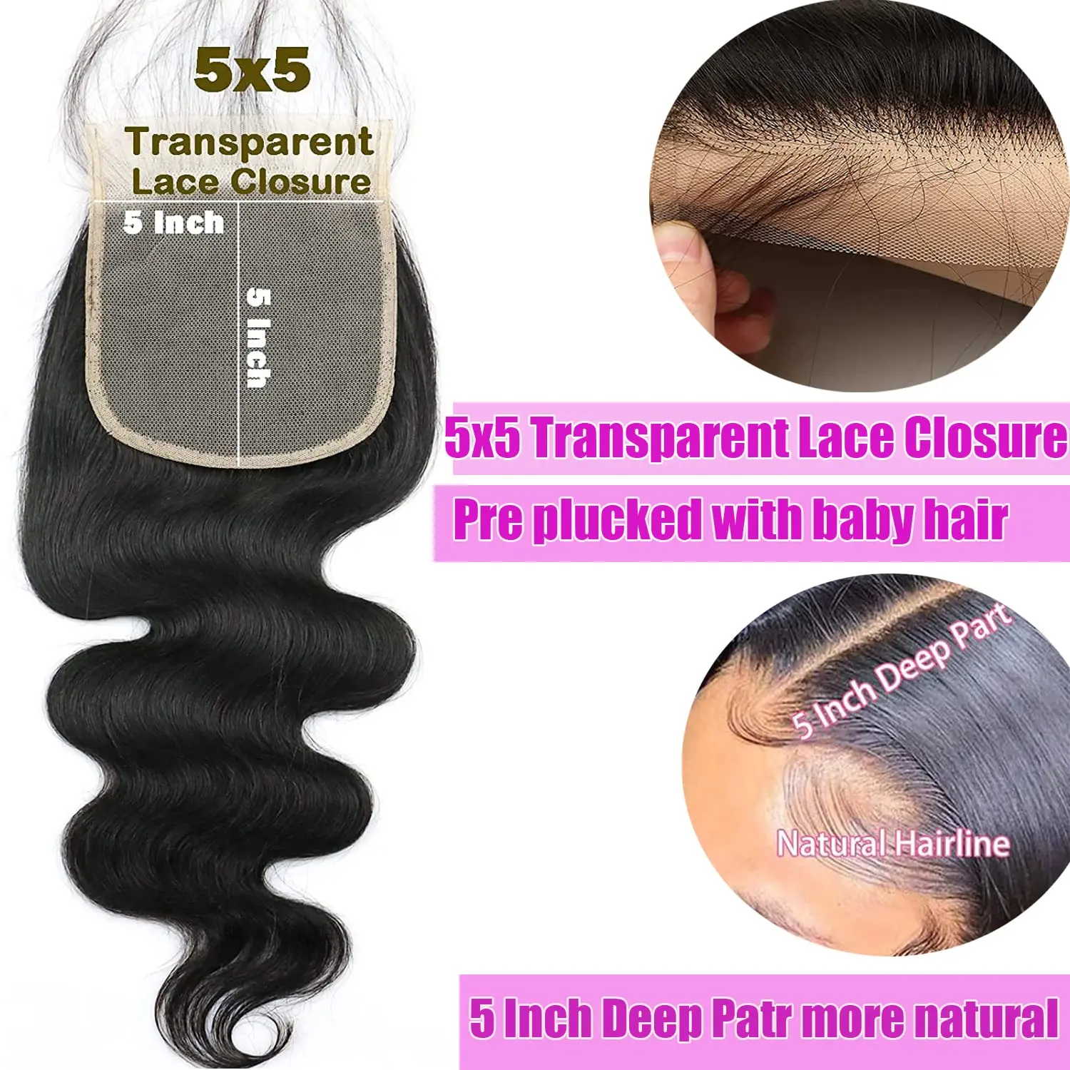 Cierre de onda corporal, cabello humano prearrancado, cierre de cabello humano ondulado transparente, cierre de encaje 2x6, 4x4, 5x5, 13x4, Frontal de encaje