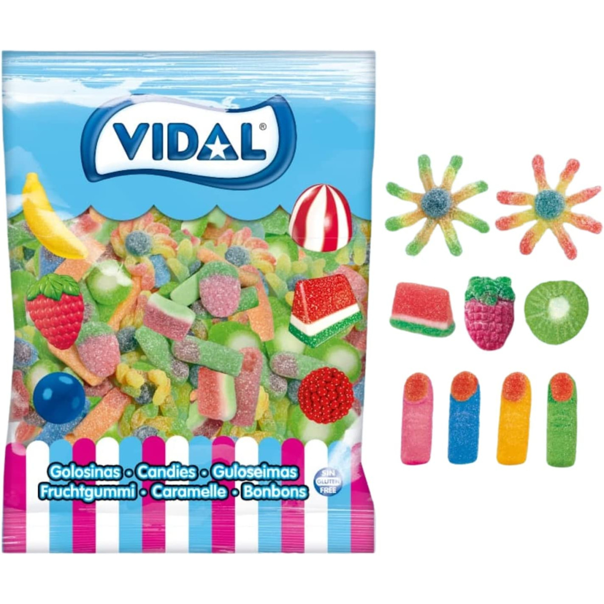 Saco ácido Vidal Mix, Knickacks, alcalino alcalino, alcalino alcalino, morango, dedos, kiwi, melancia, sem gordura, 1g, 1g