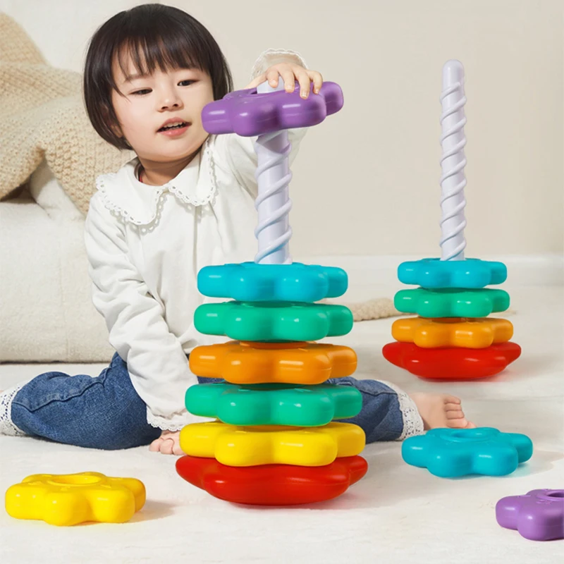 モンテッソーリ赤ちゃんのおもちゃレインボースピニングスタッキングおもちゃ幼児回転タワーゲーム赤ちゃん早期教育 1-3 年ベビーリングおもちゃ