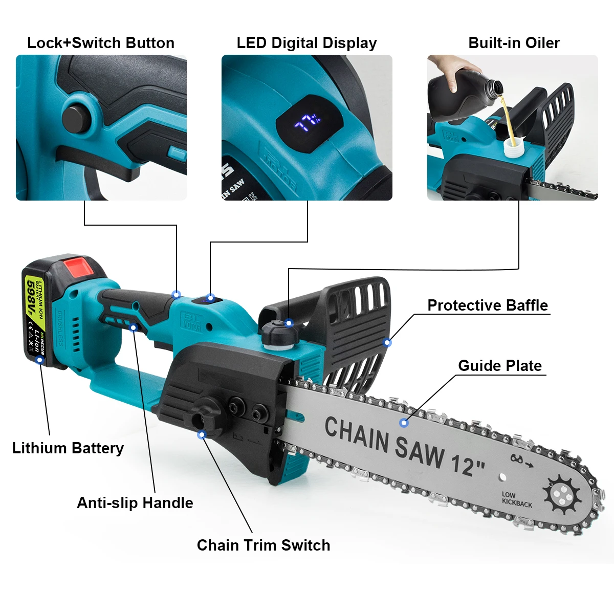 12 Inch Brushless Electric Chain Saw With Oiler Cordless Handheld Chainsaw Graden Pruning Saw Power Tools for Makita 18V Battery