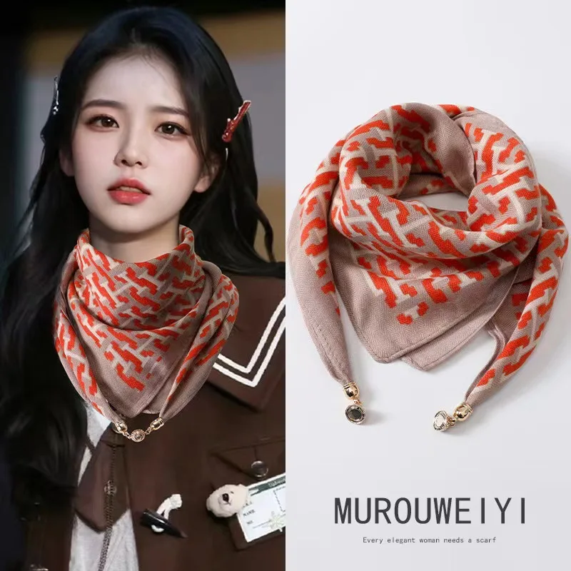 Nueva bufanda cuadrada cálida, bufanda triangular con botones magnéticos, bufanda de algodón para mujer, primavera, otoño e invierno, estilo occidental, estilo de cuello Ve