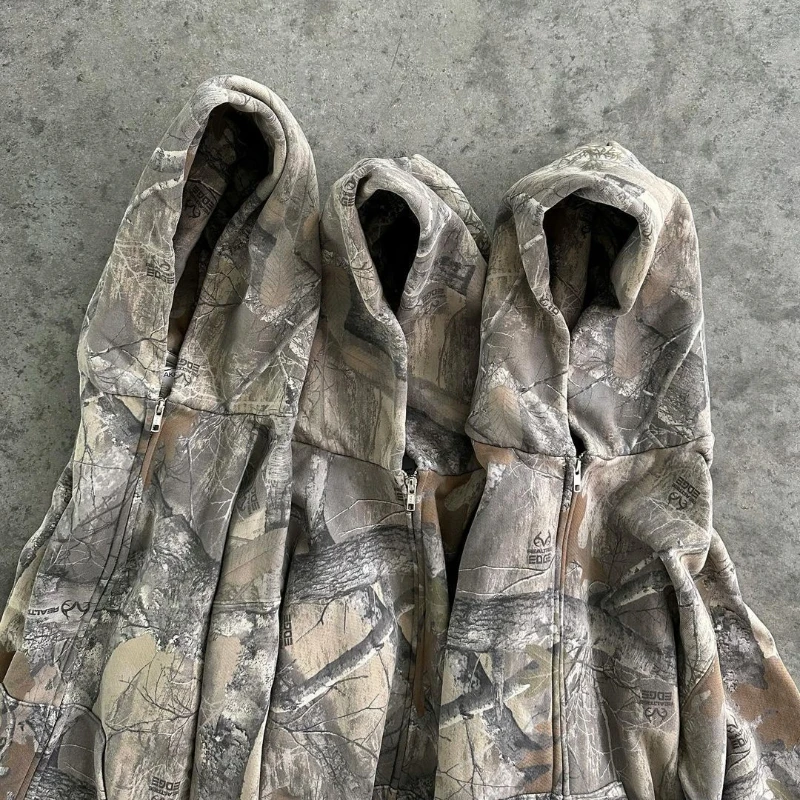 Sudadera con capucha Retro Y2K con cremallera para hombre, sudadera con estampado de camuflaje, ropa informal estilo Hip Hop, Sudadera con capucha de camuflaje Unisex de gran tamaño