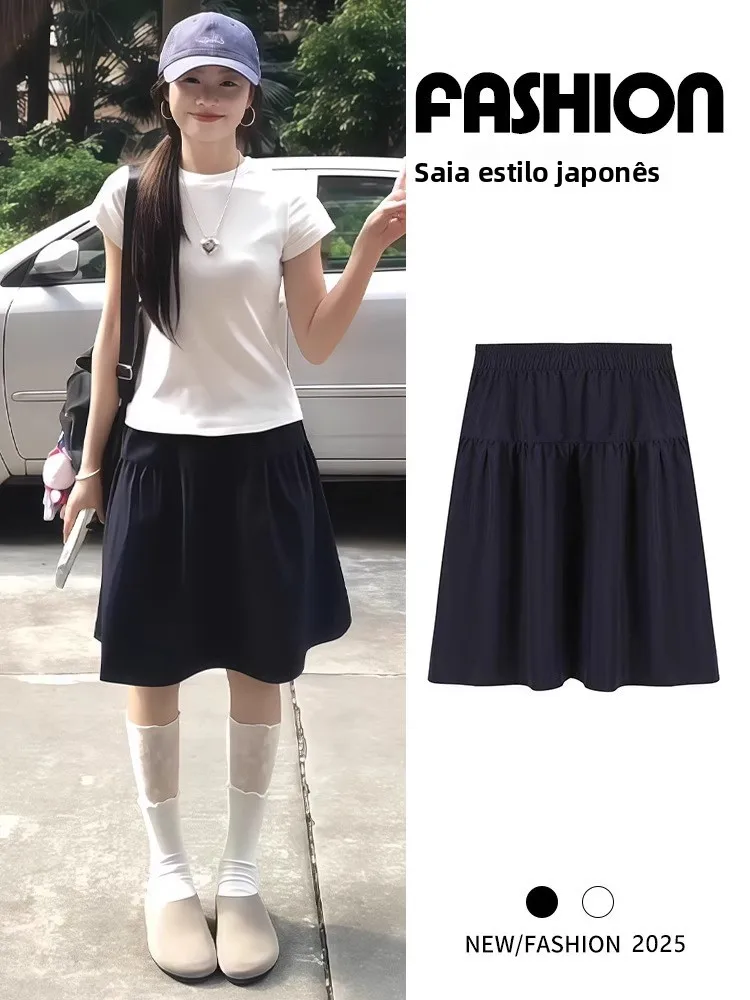 Saia Midi Versátil de Cintura Alta para Mulheres, Estilo Vintage de Verão, Saia em A que Previne Exposição na Cor Azul, Estil...