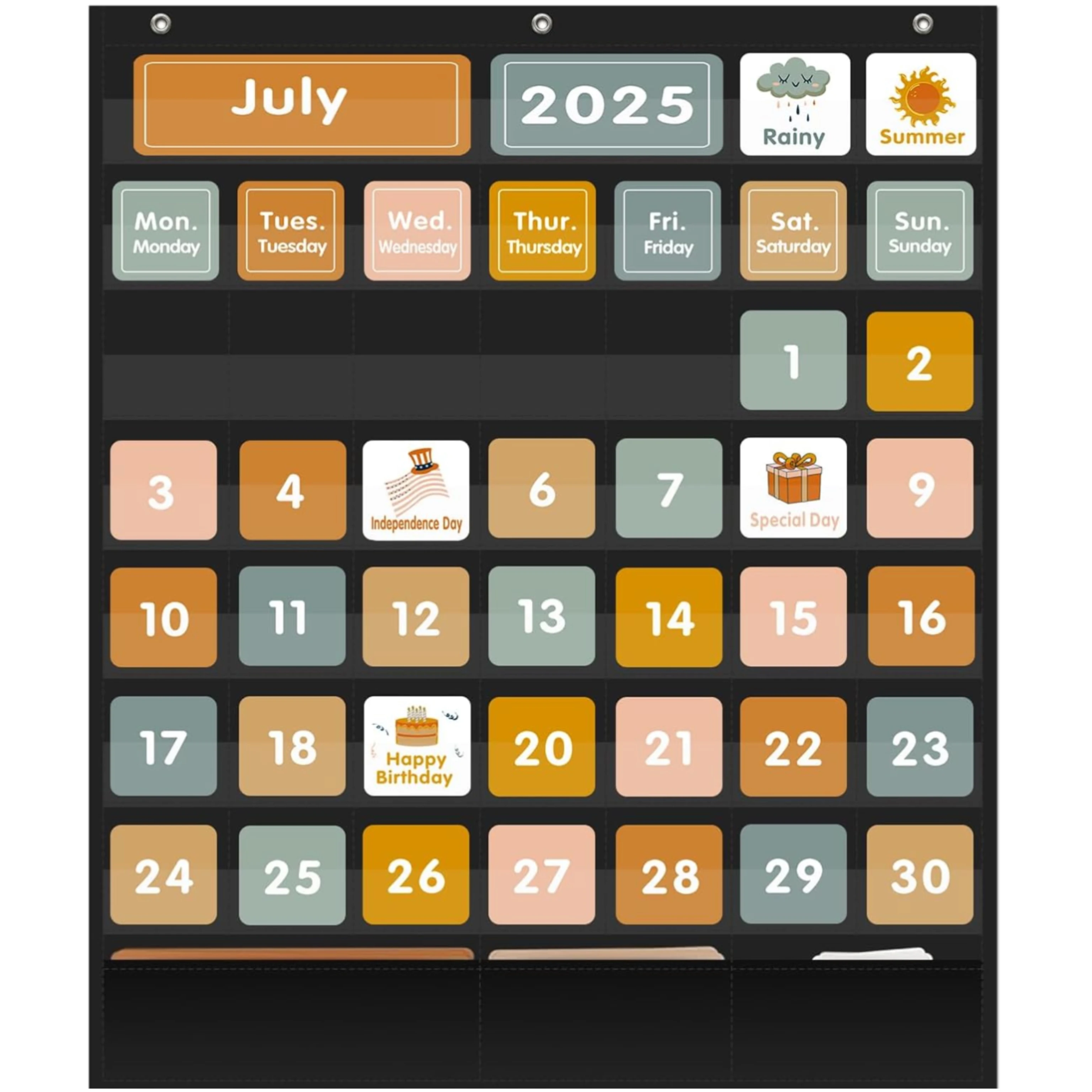 Gráfico de bolsillo con calendario bohemio grande para aula con tarjetas, calendario mensual y gráfico de bolsillo negro meteorológico para el hogar y la escuela